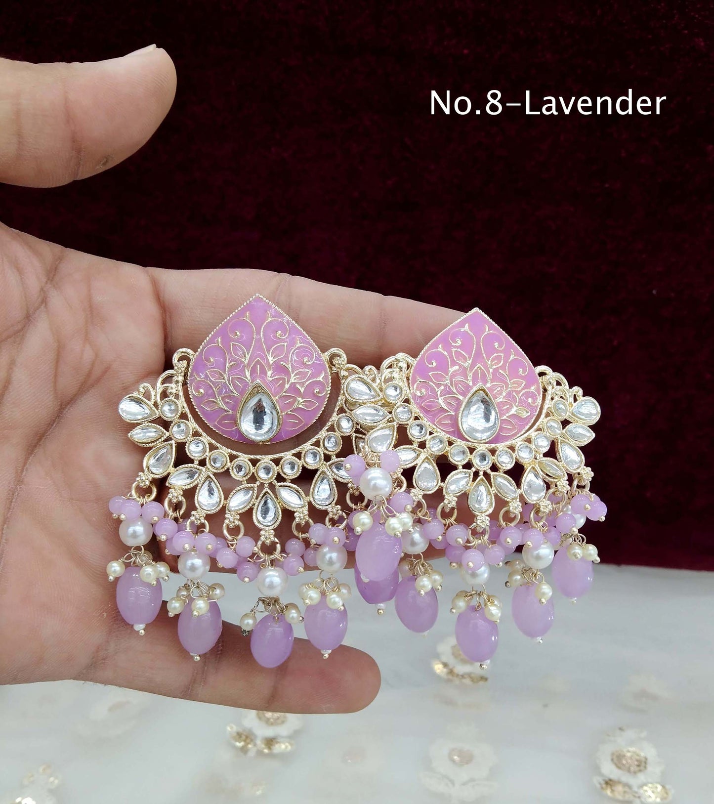Indian Kundan chand balli Earrings Jewellery/ Gold peach, mehndi, lavender, green, mehroon, gold white,pink, sky blue Earrings log Set