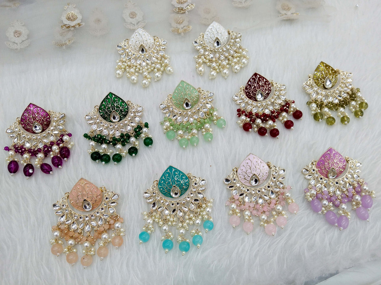 Indian Kundan chand balli Earrings Jewellery/ Gold peach, mehndi, lavender, green, mehroon, gold white,pink, sky blue Earrings log Set