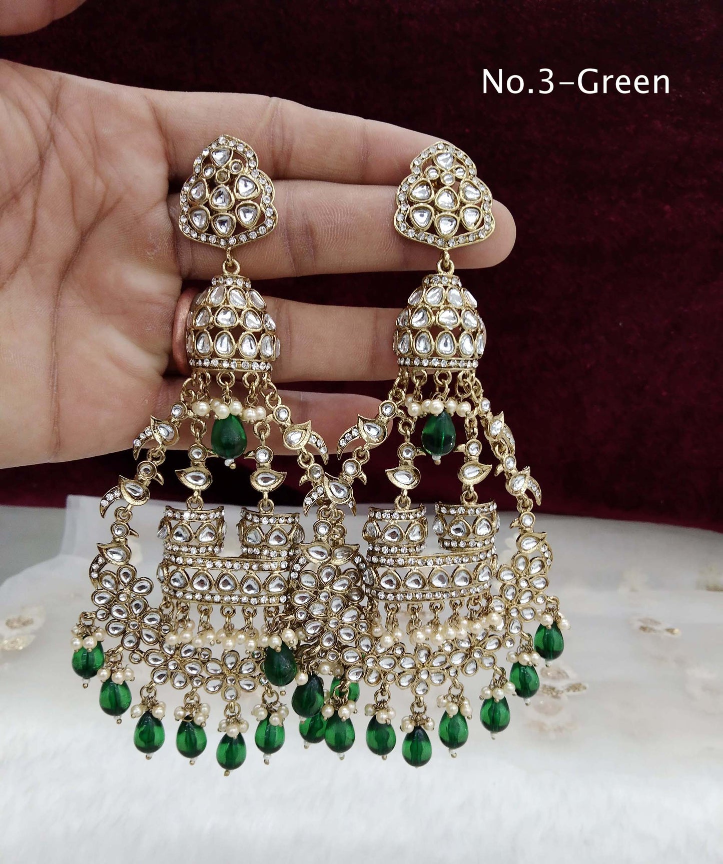 Indian Kundan chand balli long Earrings Jewellery/ Gold white, pink, pastel green, green Earrings staffSet