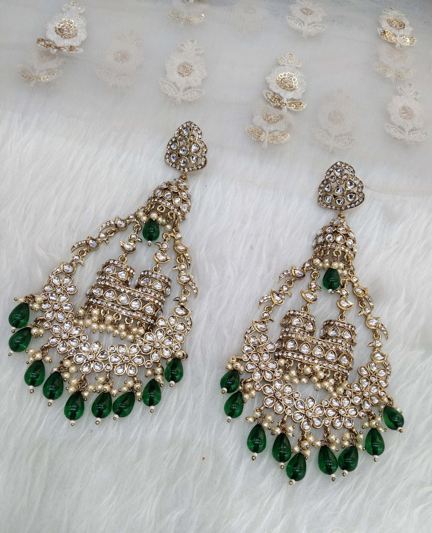 Indian Kundan chand balli long Earrings Jewellery/ Gold white, pink, pastel green, green Earrings staffSet