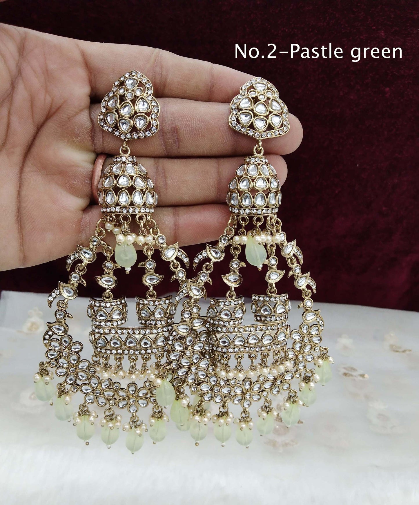 Indian Kundan chand balli long Earrings Jewellery/ Gold white, pink, pastel green, green Earrings staffSet