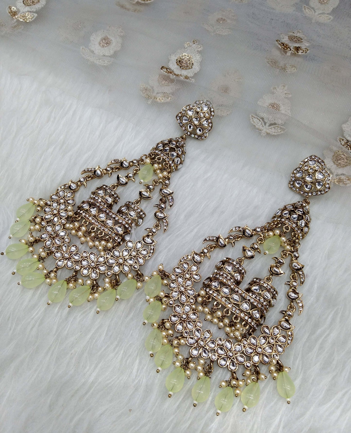 Indian Kundan chand balli long Earrings Jewellery/ Gold white, pink, pastel green, green Earrings staffSet