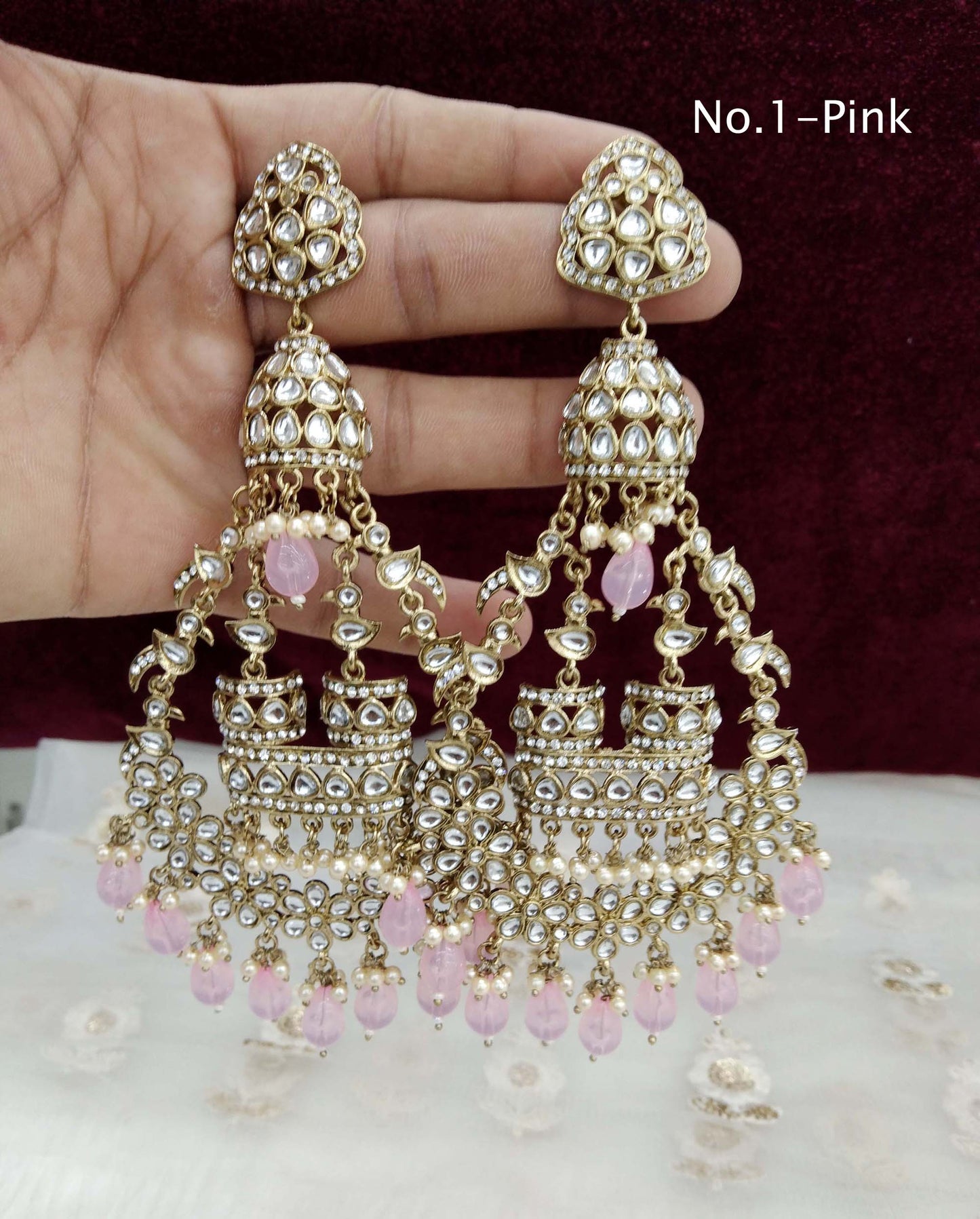 Indian Kundan chand balli long Earrings Jewellery/ Gold white, pink, pastel green, green Earrings staffSet