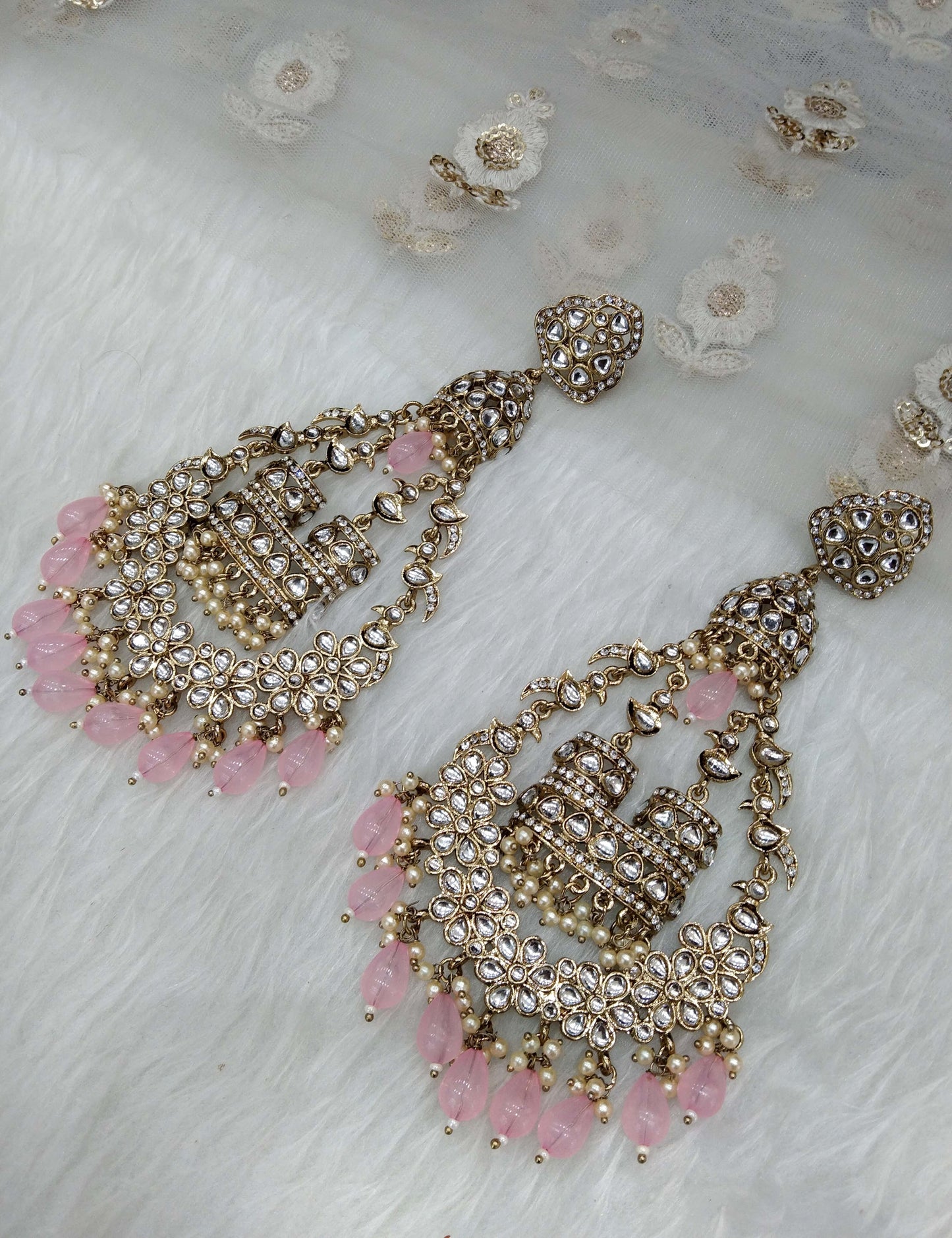 Indian Kundan chand balli long Earrings Jewellery/ Gold white, pink, pastel green, green Earrings staffSet