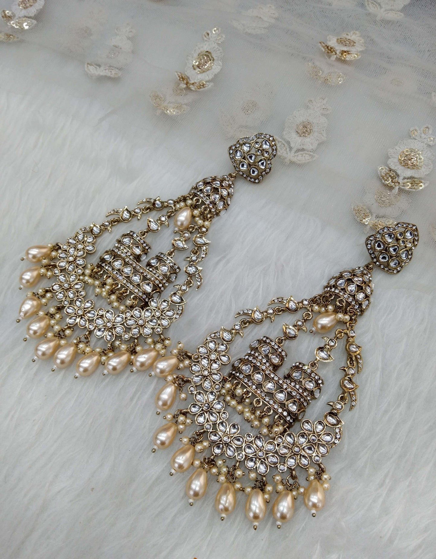 Indian Kundan chand balli long Earrings Jewellery/ Gold white, pink, pastel green, green Earrings staffSet