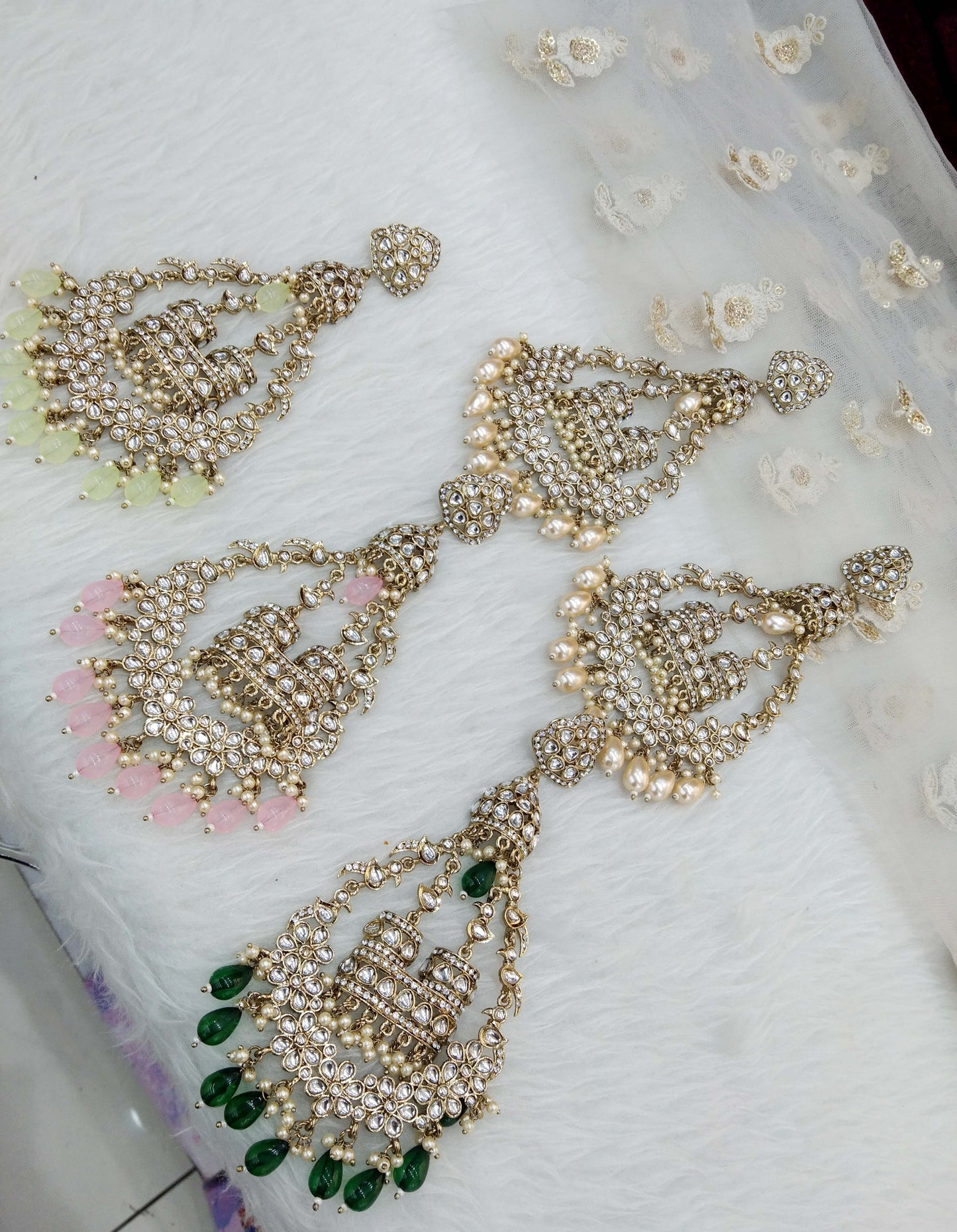 Indian Kundan chand balli long Earrings Jewellery/ Gold white, pink, pastel green, green Earrings staffSet