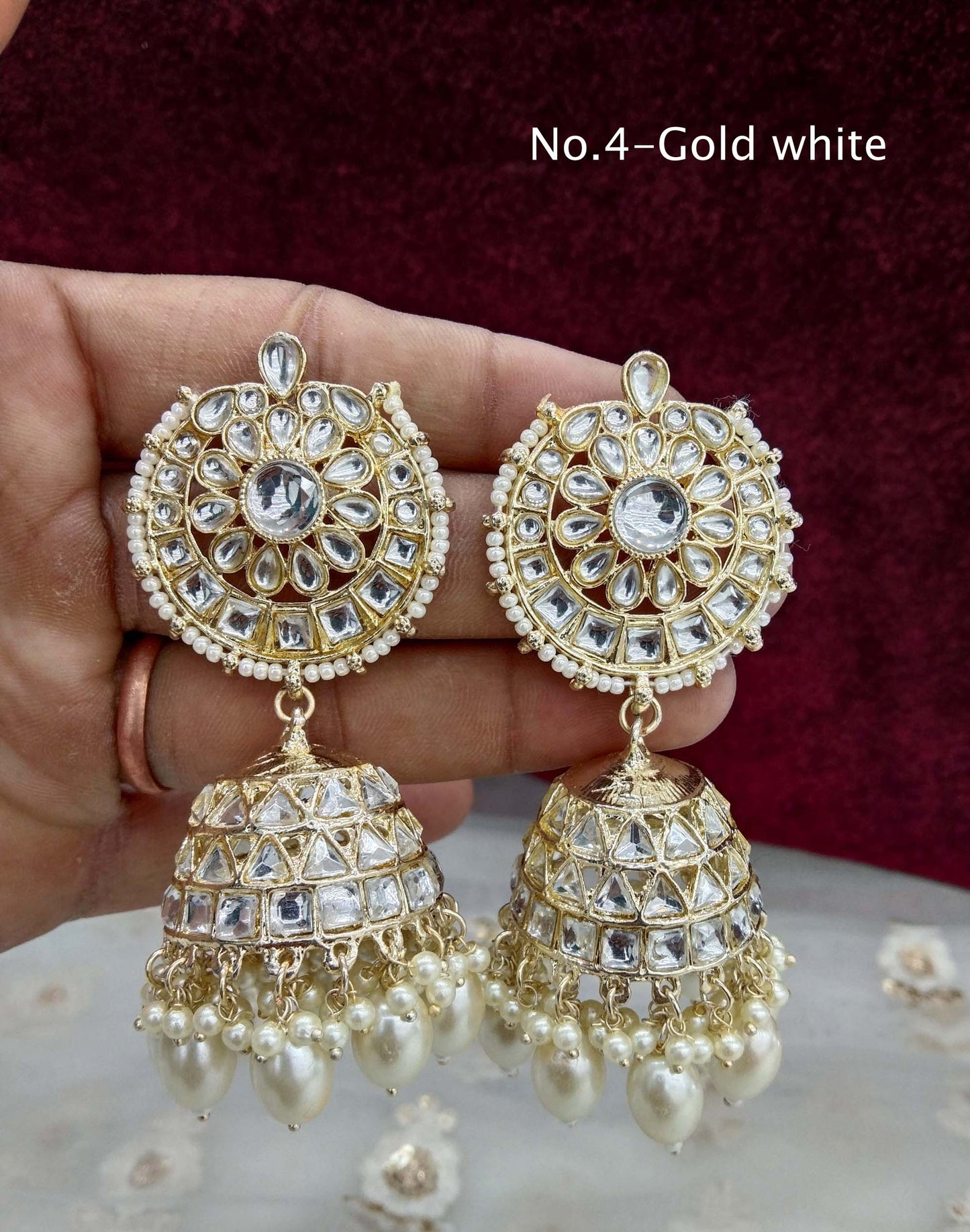 Online Indian Kundan jhumka Earrings Jewellery/ Gold white, Multicolor, Ruby, Lavender jhumka Earrings page Set