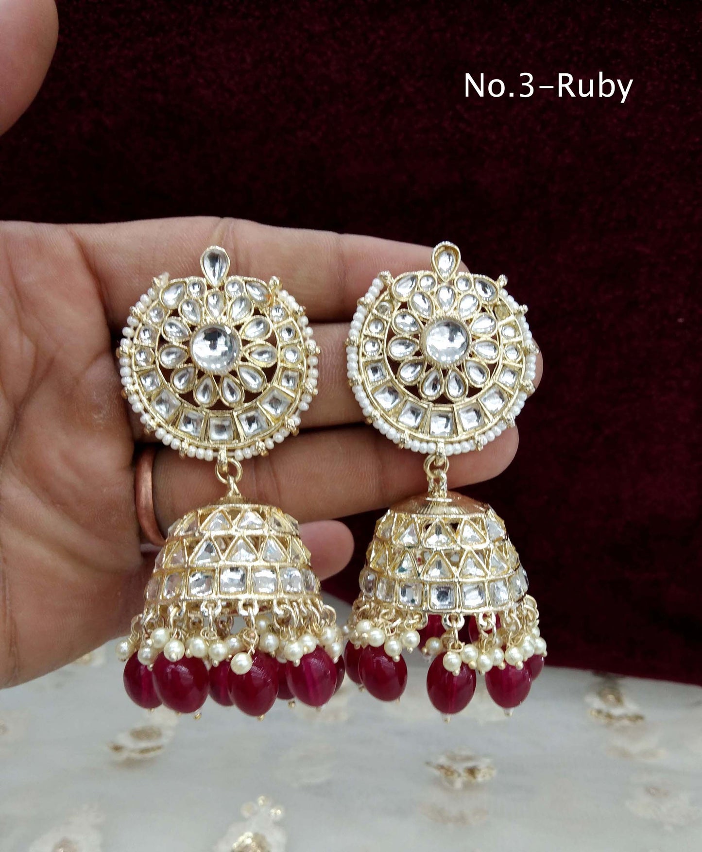 Online Indian Kundan jhumka Earrings Jewellery/ Gold white, Multicolor, Ruby, Lavender jhumka Earrings page Set