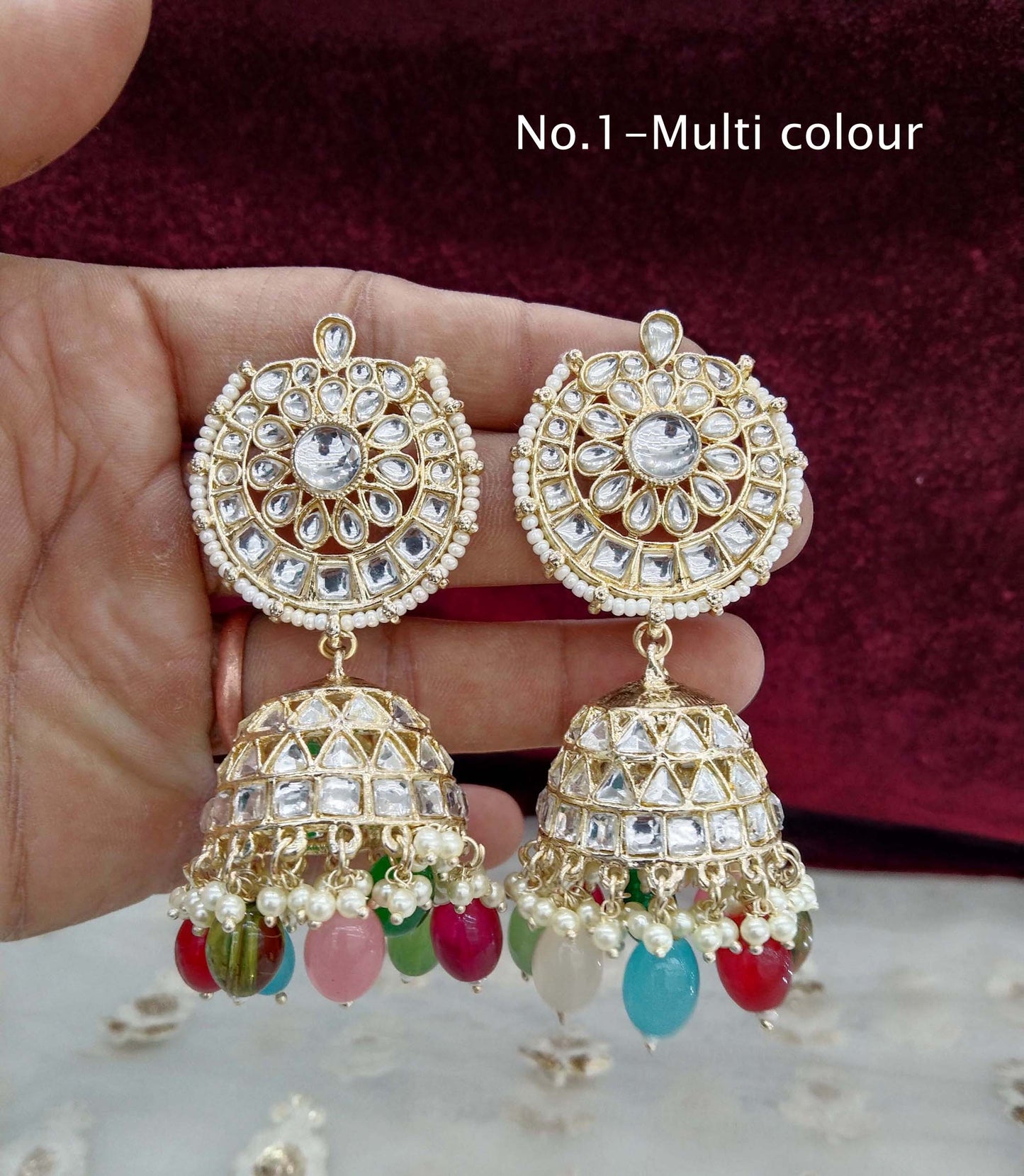 Online Indian Kundan jhumka Earrings Jewellery/ Gold white, Multicolor, Ruby, Lavender jhumka Earrings page Set
