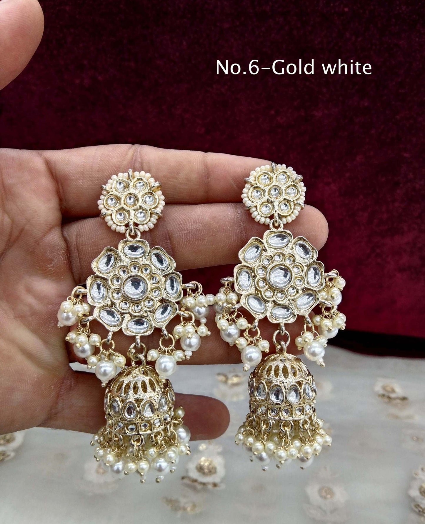 Indian Kundan jhumka Earrings Jewellery/ Gold white, peach, Pastel green, lavender, Multicolor, pink, jhumka Earrings about Set