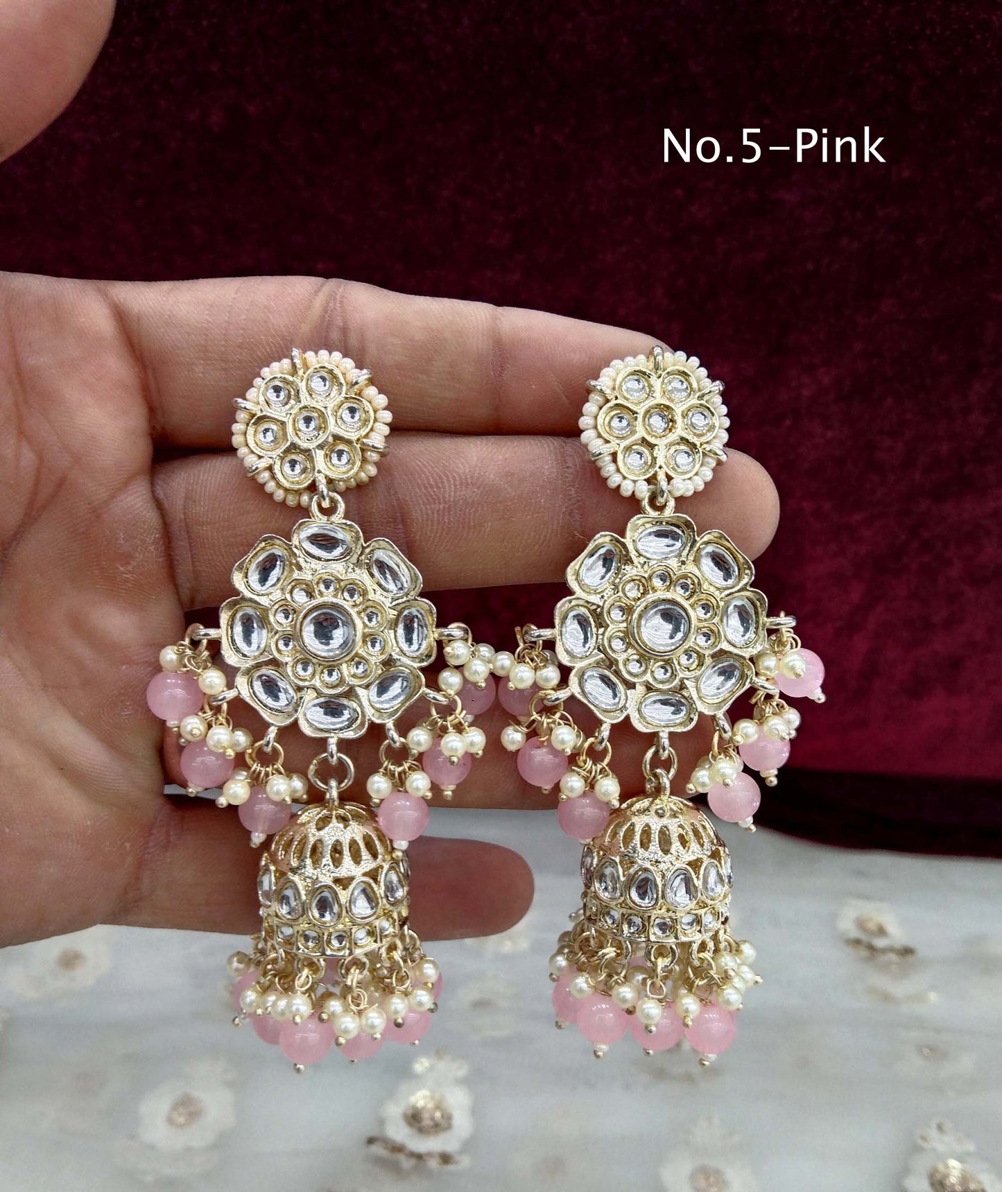 Indian Kundan jhumka Earrings Jewellery/ Gold white, peach, Pastel green, lavender, Multicolor, pink, jhumka Earrings about Set