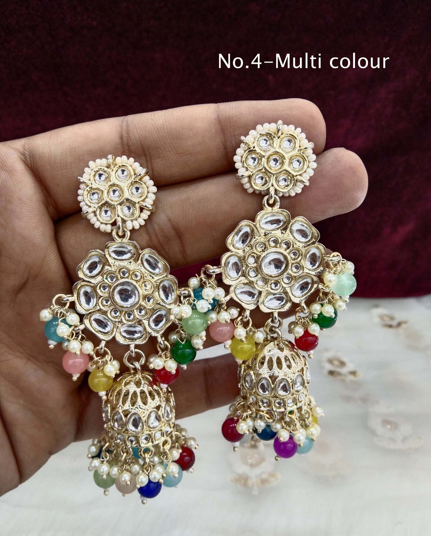 Indian Kundan jhumka Earrings Jewellery/ Gold white, peach, Pastel green, lavender, Multicolor, pink, jhumka Earrings about Set