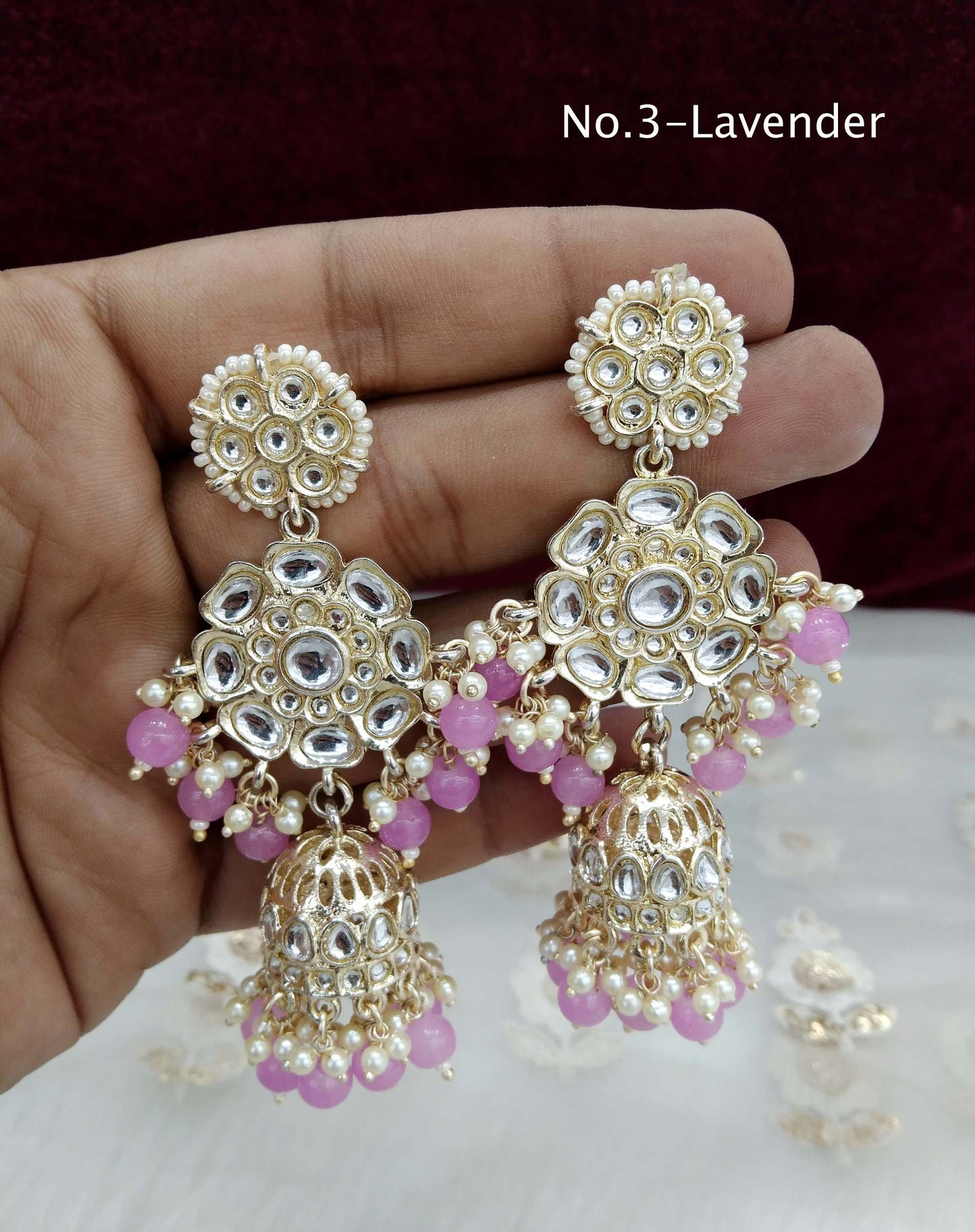 Indian Kundan jhumka Earrings Jewellery/ Gold white, peach, Pastel green, lavender, Multicolor, pink, jhumka Earrings about Set