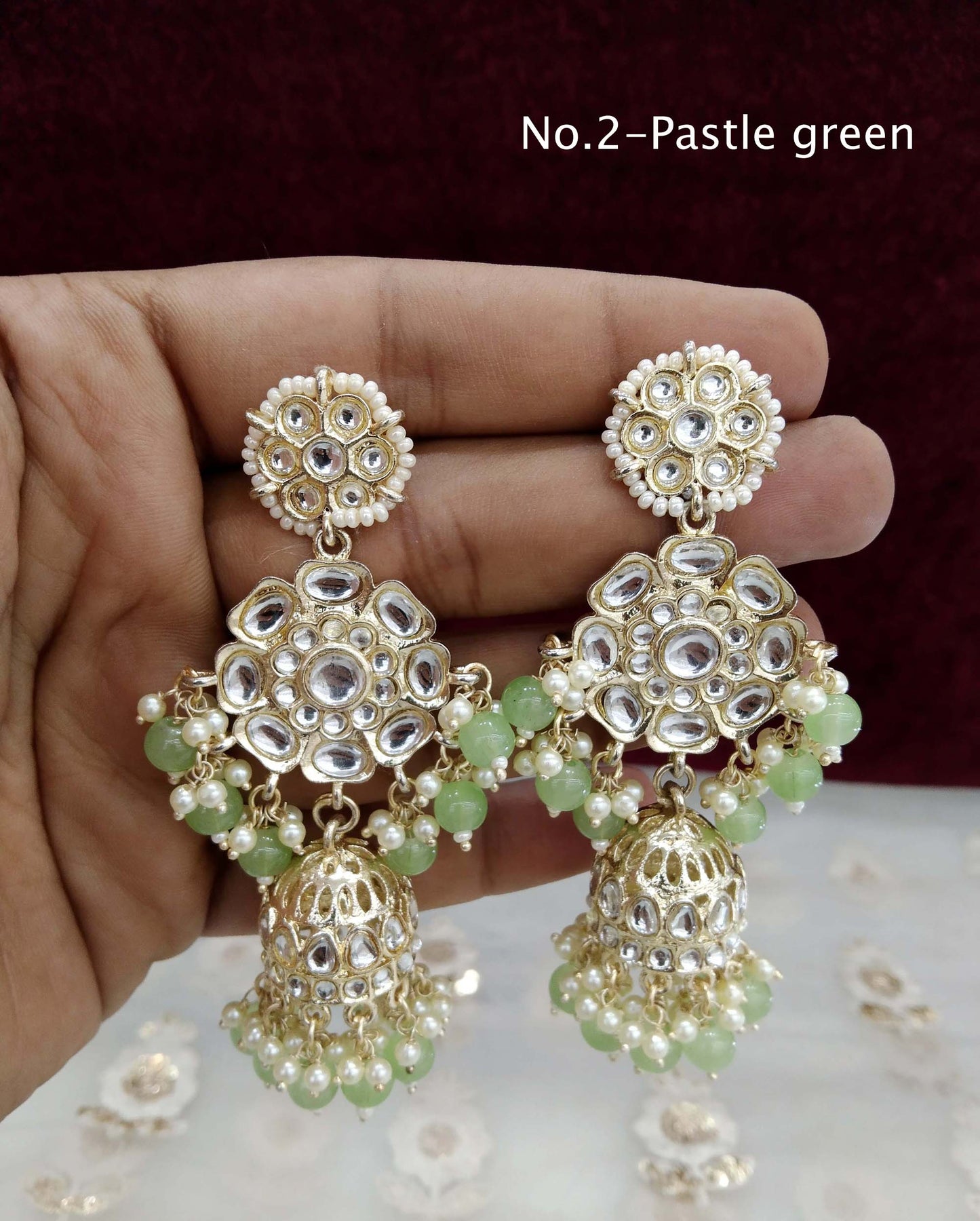 Indian Kundan jhumka Earrings Jewellery/ Gold white, peach, Pastel green, lavender, Multicolor, pink, jhumka Earrings about Set