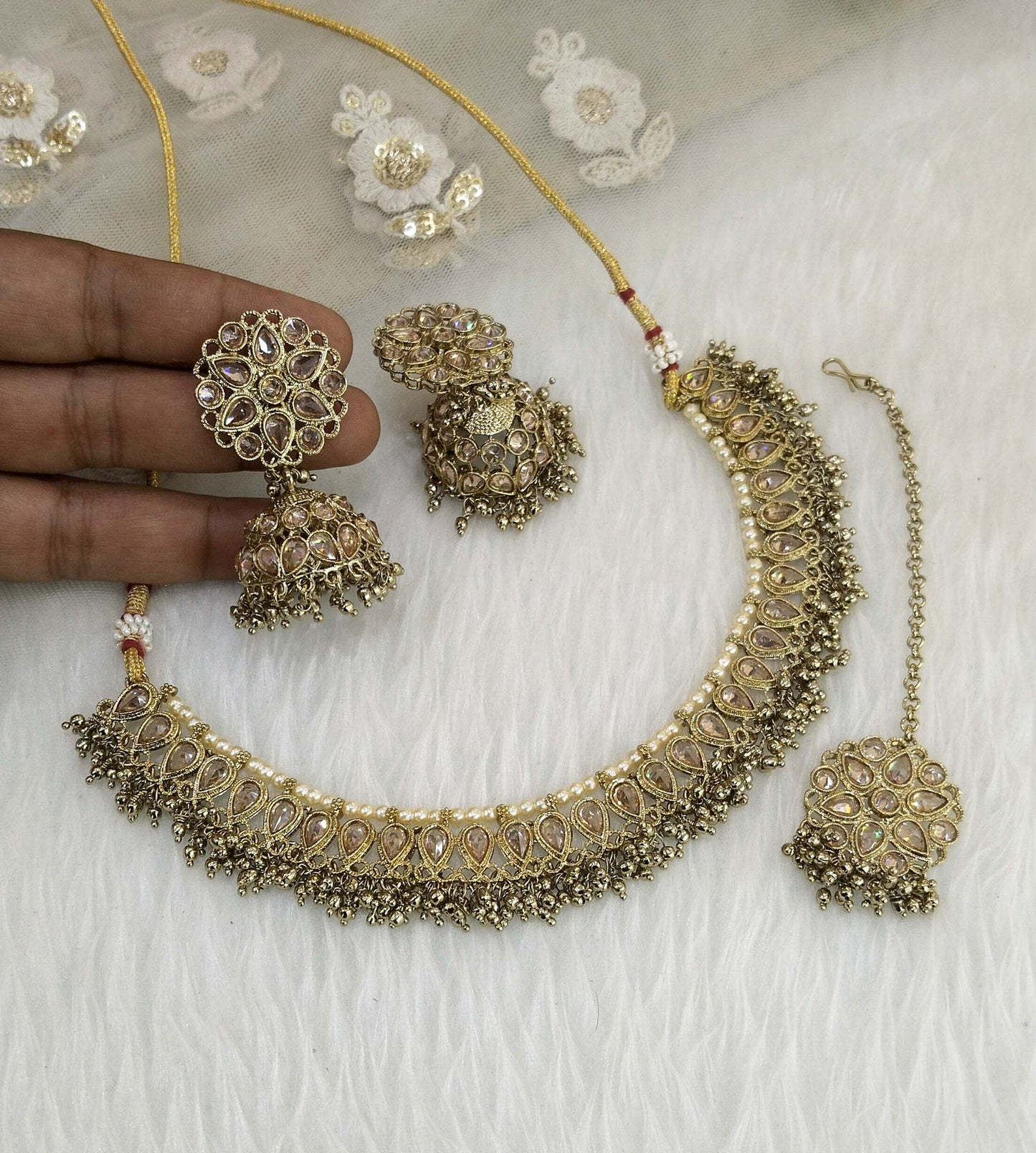Antique Gold Wedding Necklace Jewellery Set/ Dark gold with gold beads Indian Bridal Wedding arts Jewellery
