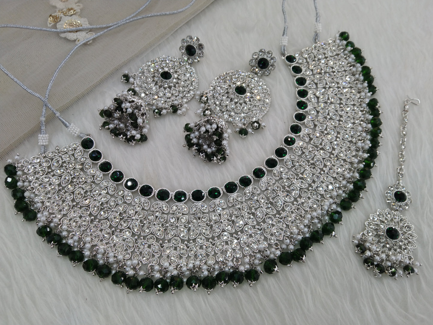 Indian Jewellery/Semi bridal silver green bollywood bride jewellery ventura necklace set