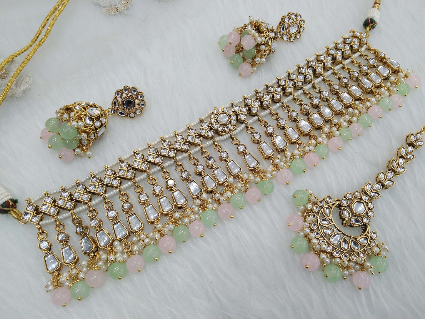 Indian Jewellery Gold pink gaajri Kundan choker Set/ kundan choker Kundan rolls, offer set