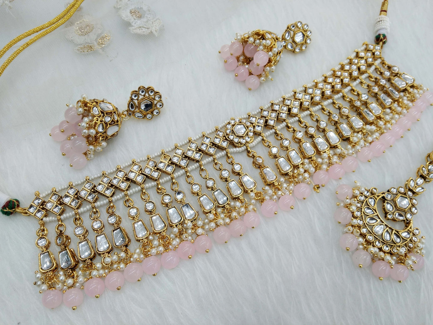 Indian Jewellery Gold light pink Kundan choker Set/ kundan choker Kundan rolls, offer set