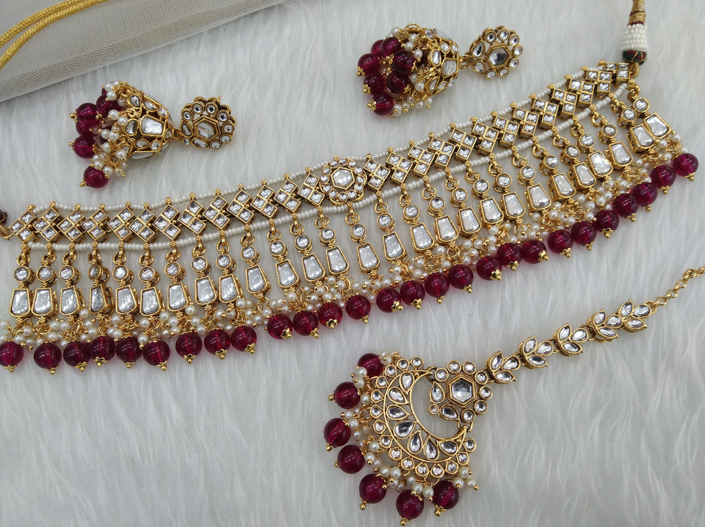 Indian Jewellery Gold majenta Kundan choker Set/ kundan choker Kundan rolls, offer set