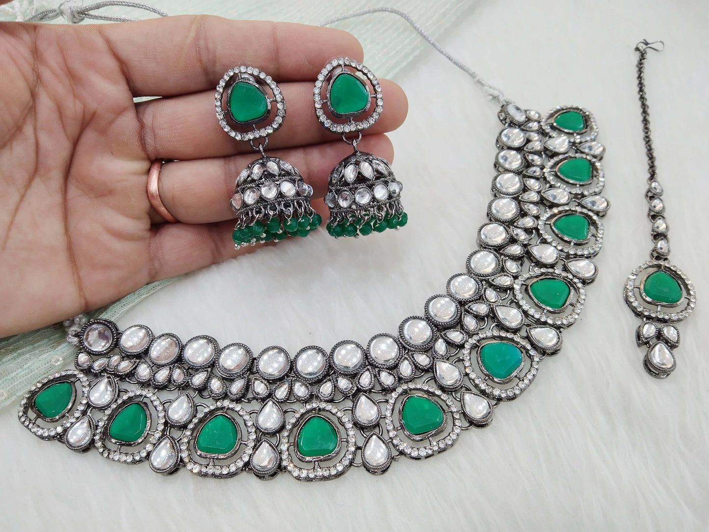 Oxidized silver kundan necklace Set/ antique green tribal Indian bridal dutch Jewellery