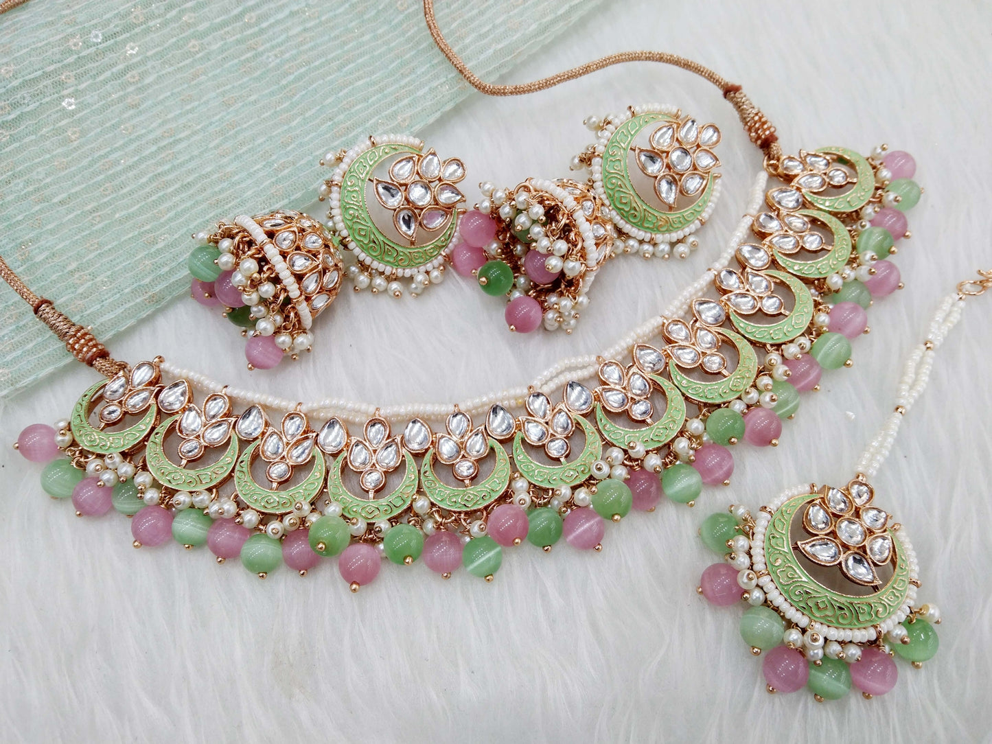 Rose gold kundan necklace Set/ Rose gold mint pink Indian kundan necklace braille sets