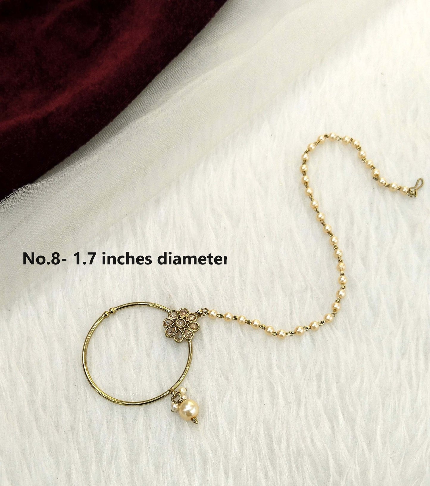 Nose Ring Indian Nath Bridal Wedding Nathini/Non Pierced Gold Plat Nose Hoop Chain