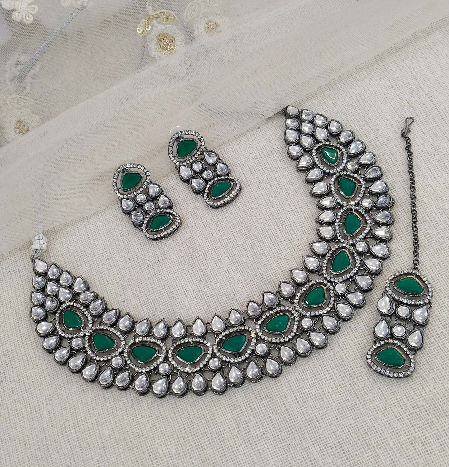 Oxidized silver kundan necklace Set/ antique silver green tribal Indian bridal shelf Jewellery