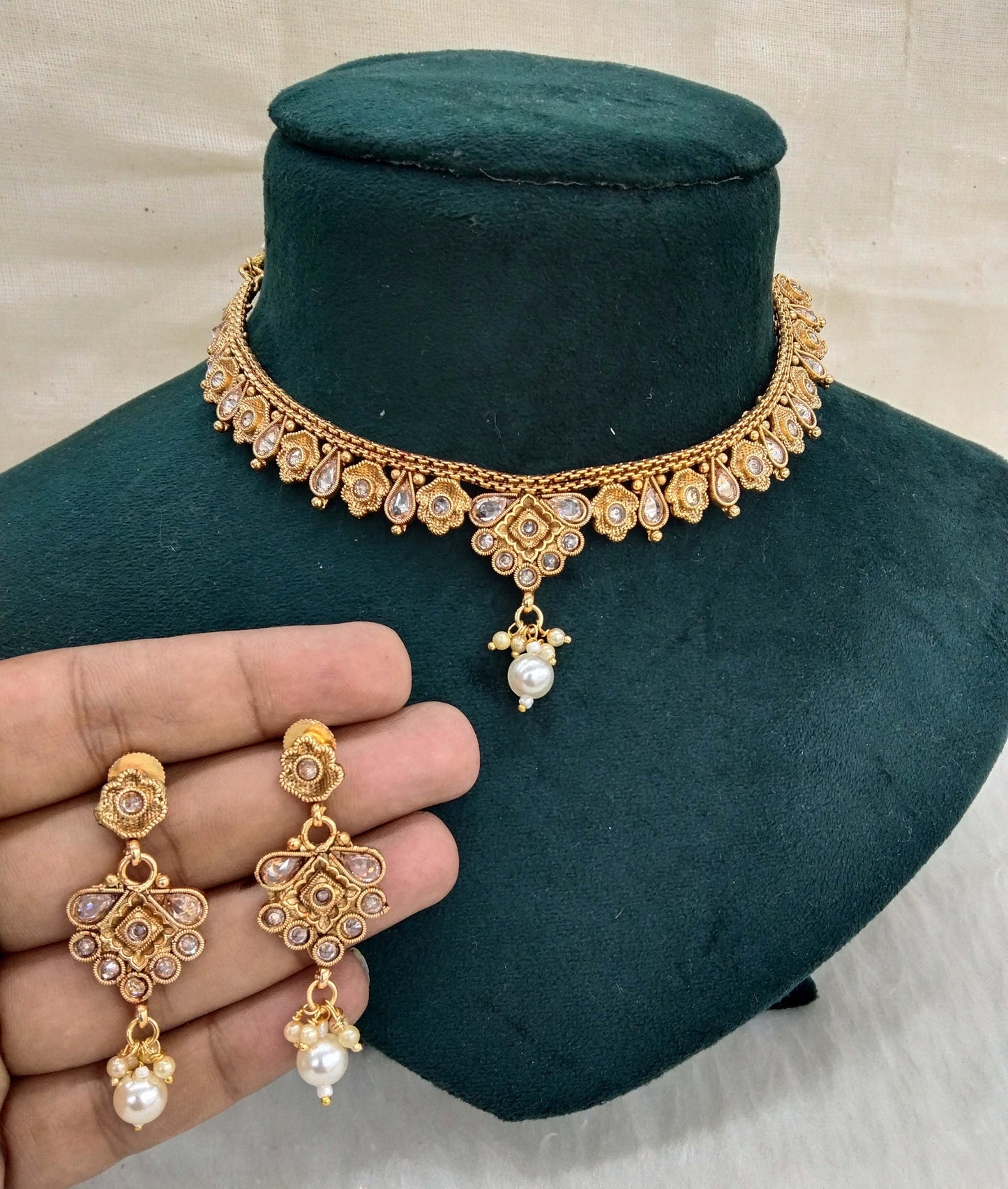Indian Polki Jewellery Gold Necklace Set/ Bollywood Style Gold Finish South Indian pinki Jewellery