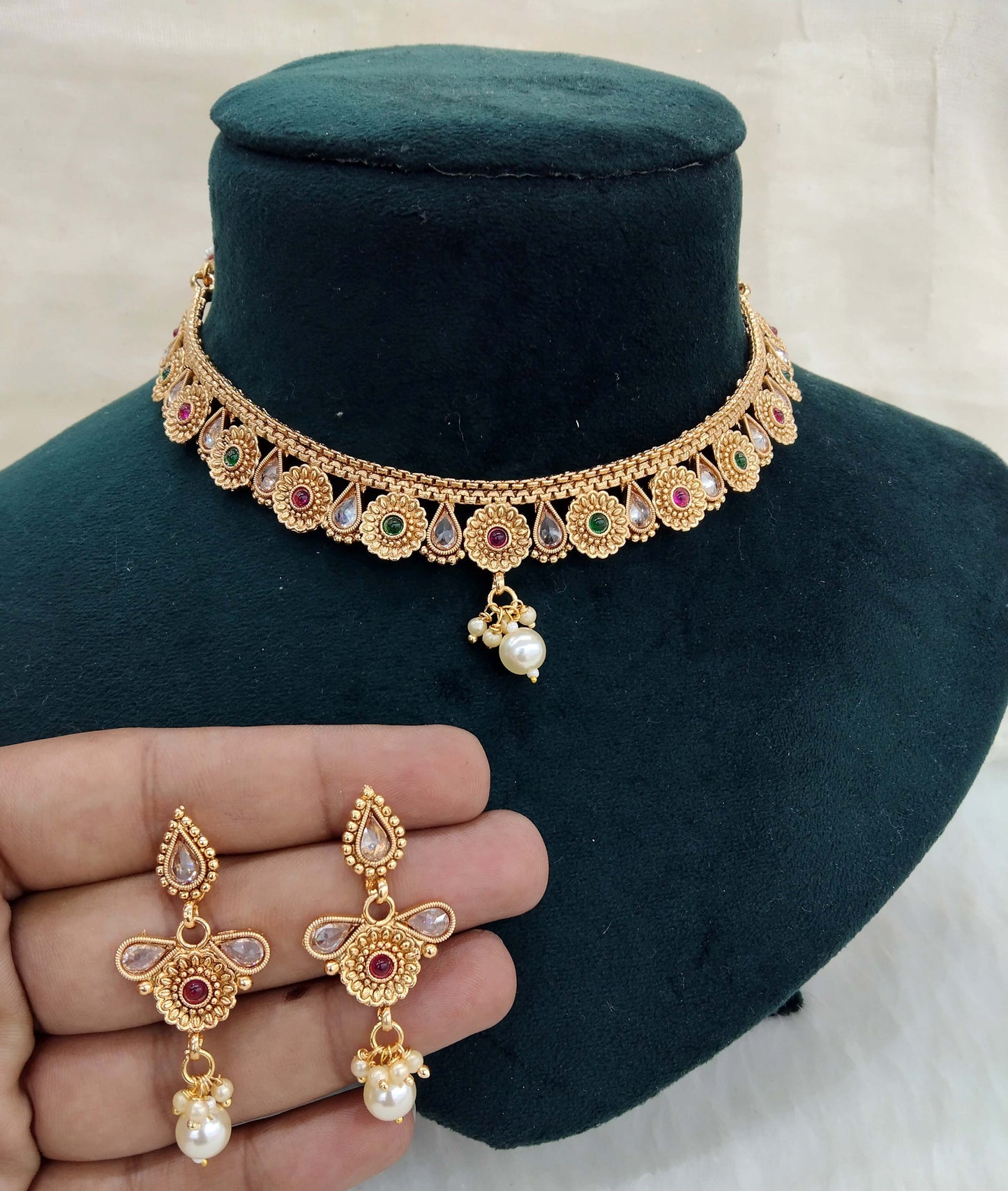 Indian Polki Jewellery Gold ruby green Necklace Set/ Bollywood Style Gold Finish South Indian pinki Jewellery