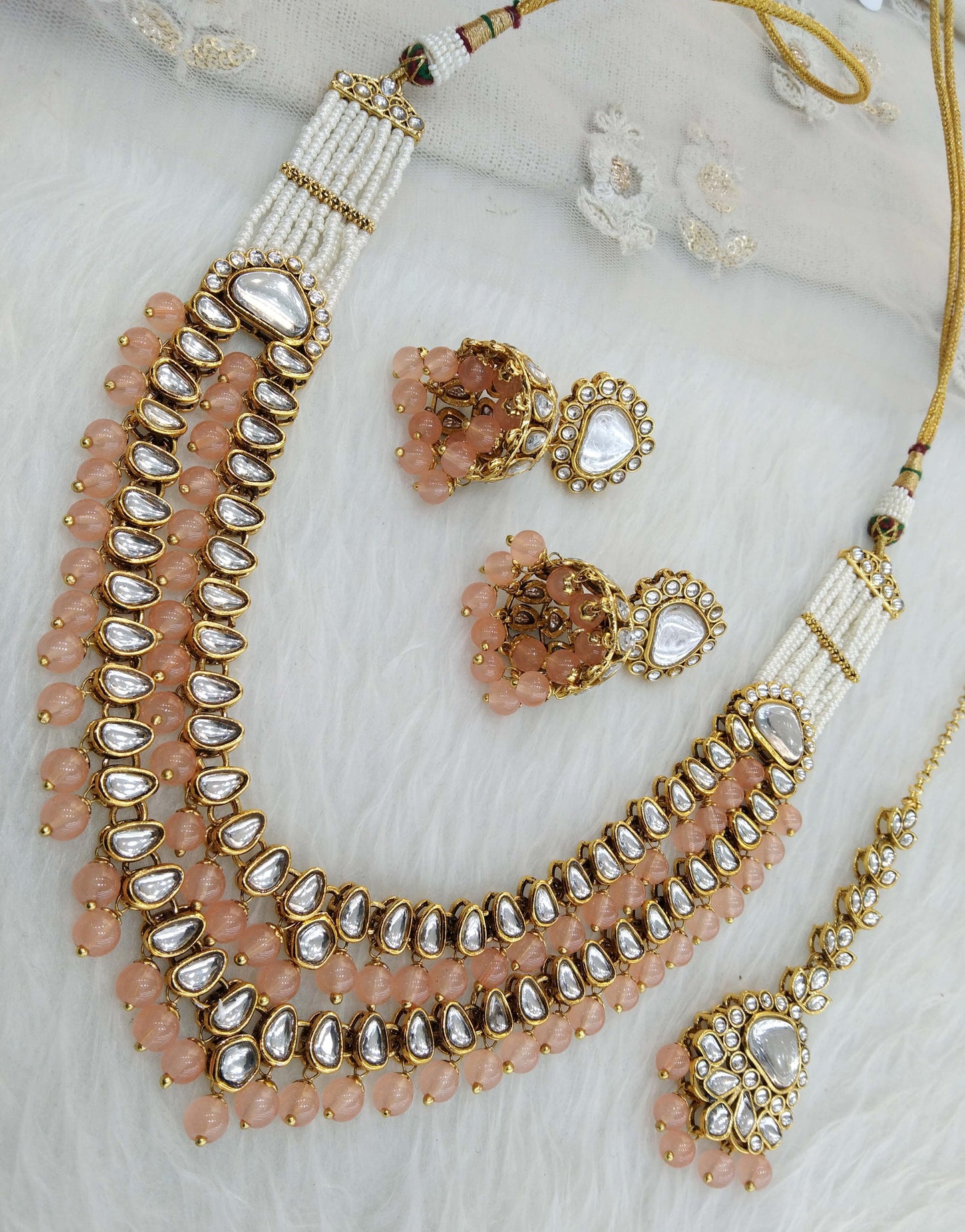 Indian Jewellery/ Gold peach Bridal Kundan layered necklace Set Indian branded Necklace set