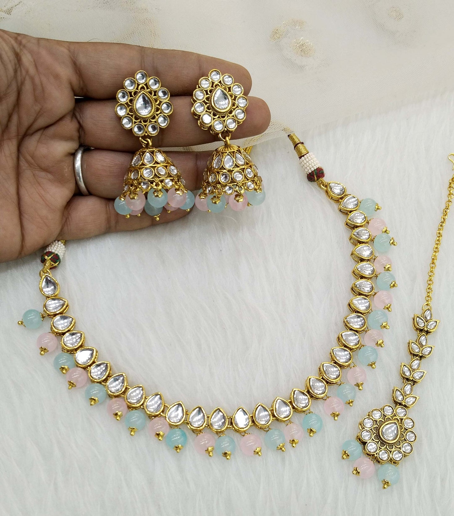 Kundan Necklace Jewellery Set/ Gold mint pink kundan Indian jewellery kundan optimal sets