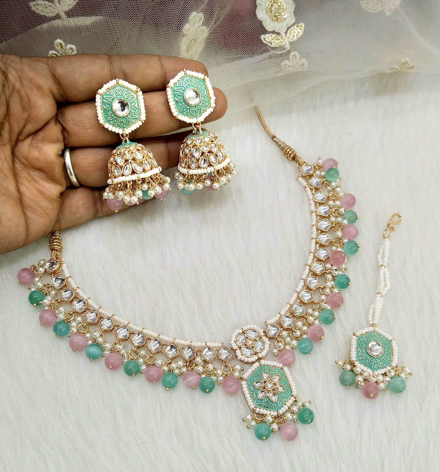 Rose gold kundan necklace Set/ Rose gold sea green pink Indian kundan necklace preserve sets