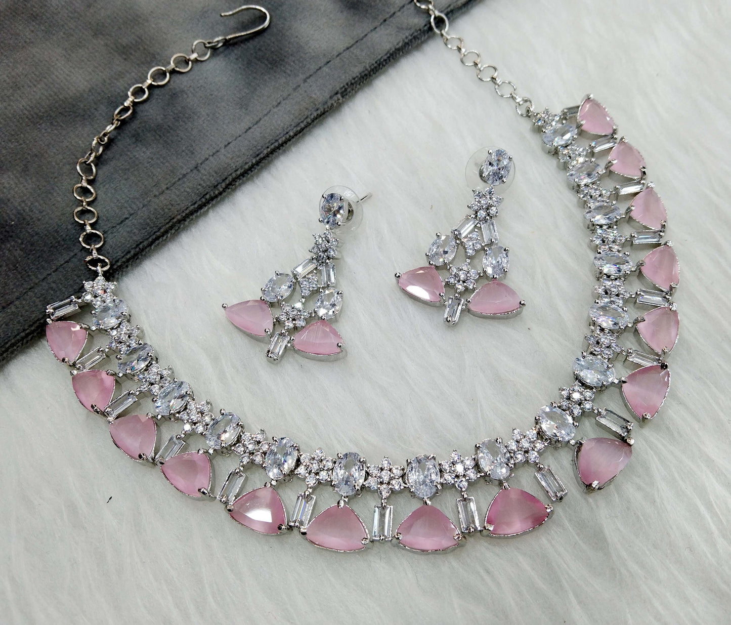 Cubic zirconia diamond Necklace set,Jewellery Silver pink necklace set CZ check necklace set