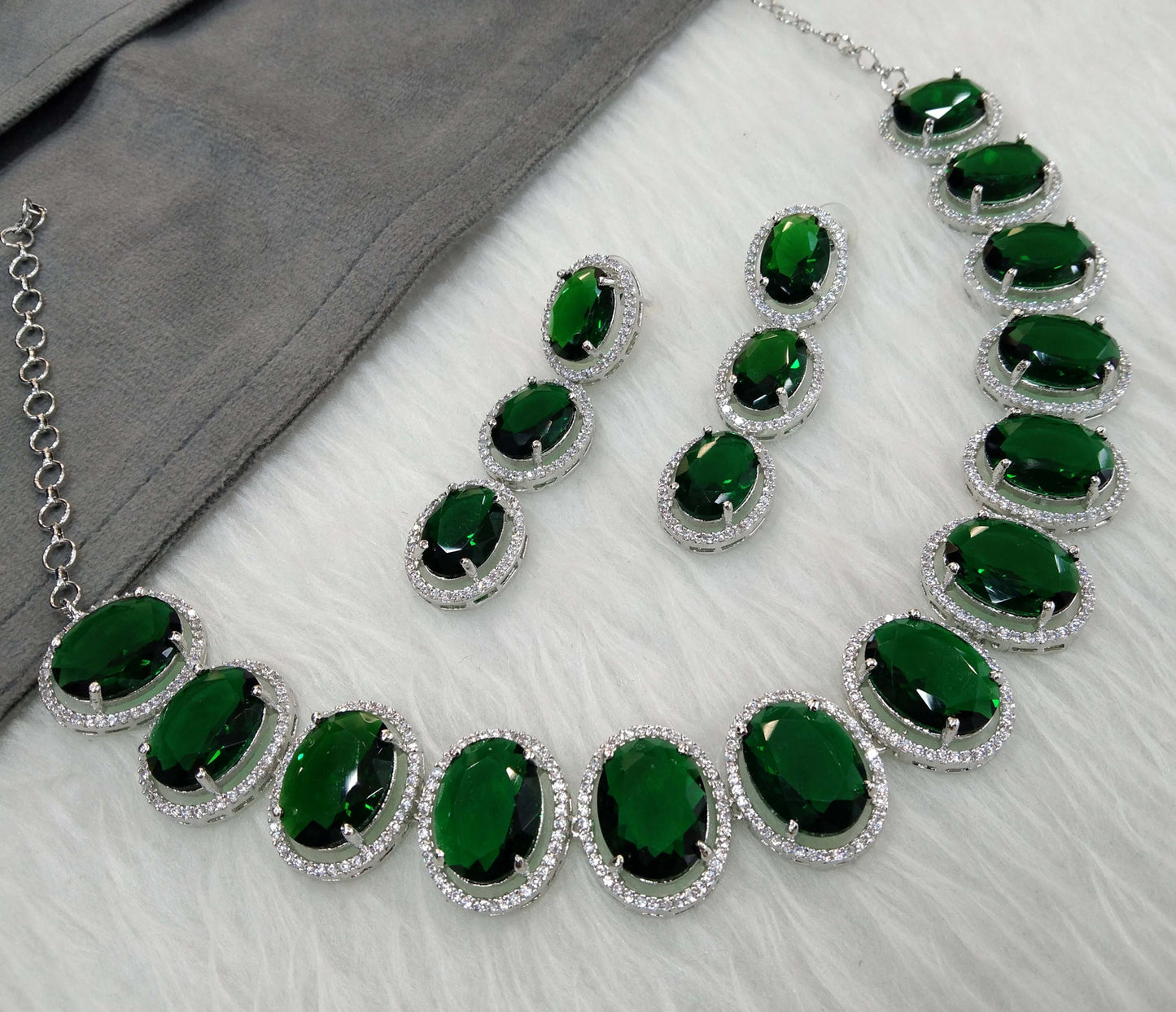 Cubic Zirconia Diamond Necklace set,Silver green necklace set CZ sheet necklace set