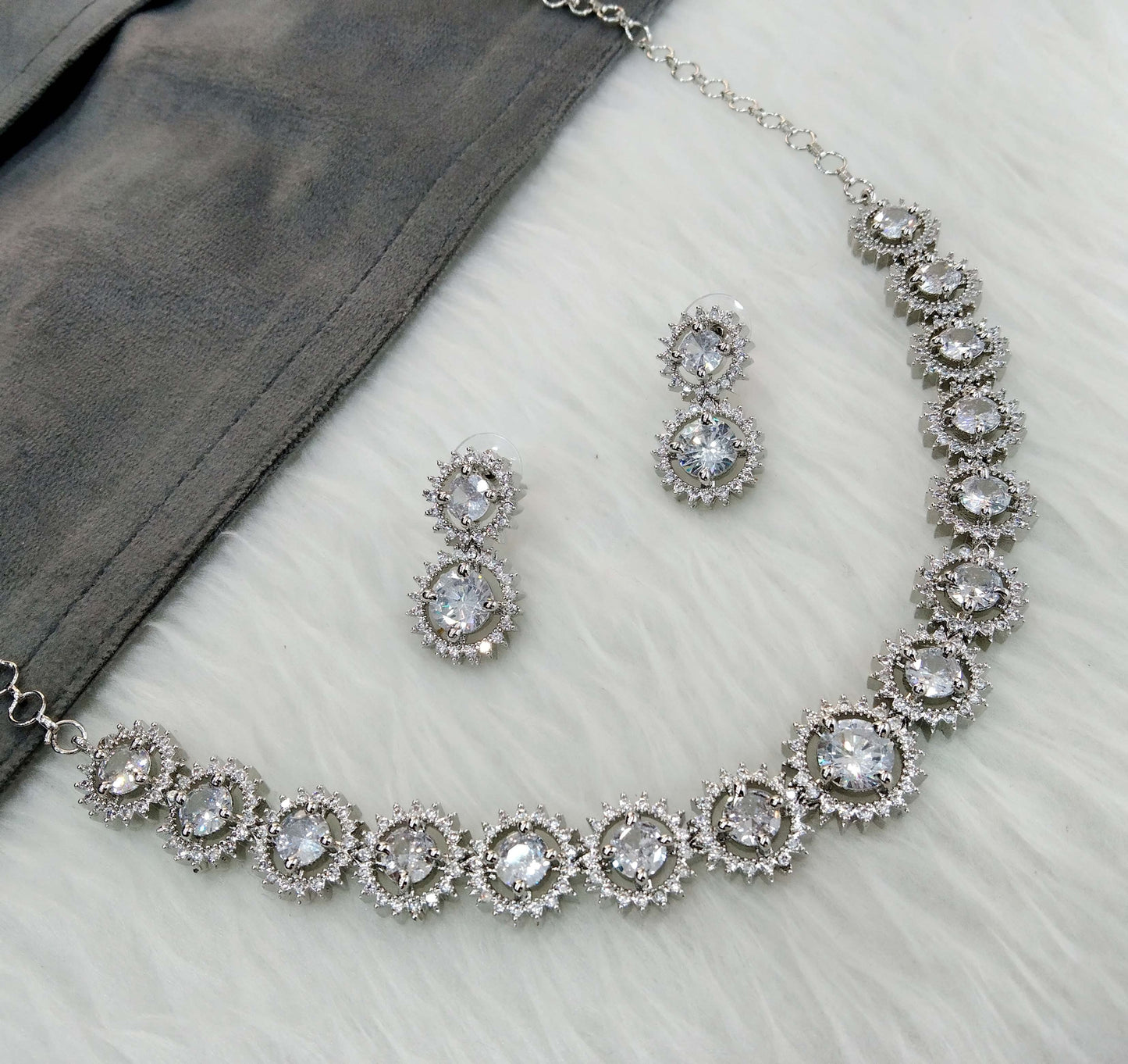 American Diamond Necklace Jewellery set,Silver necklace set CZ sheet Necklace set