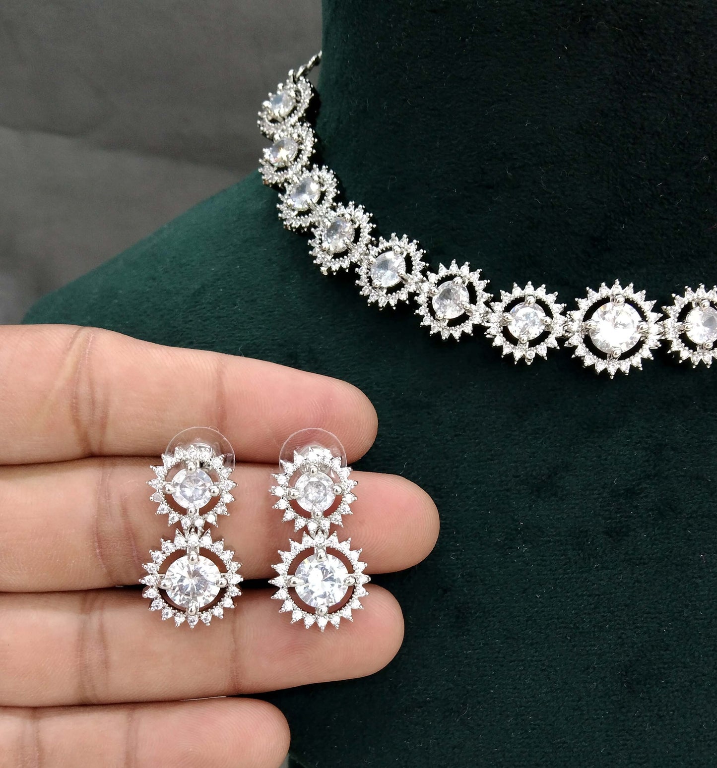 American Diamond Necklace Jewellery set,Silver necklace set CZ sheet Necklace set