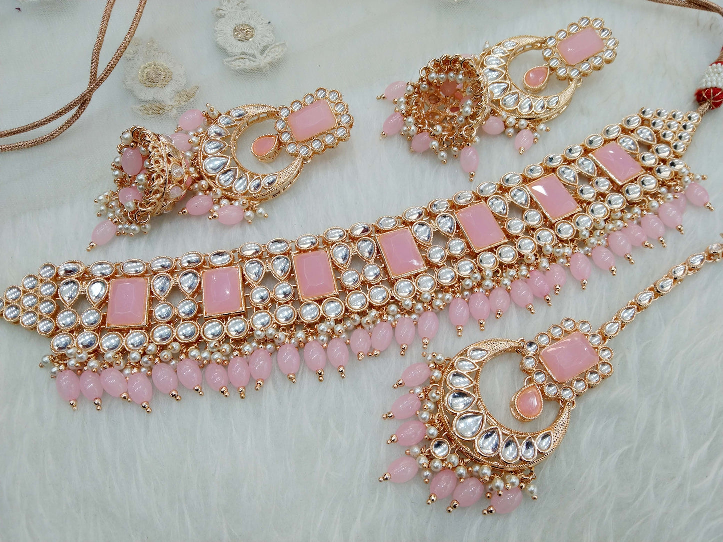 Indian jewellery Rose gold finish kundan Choker Set/ Rose pink Indian Riya Jewellery Set/Indian Choker set