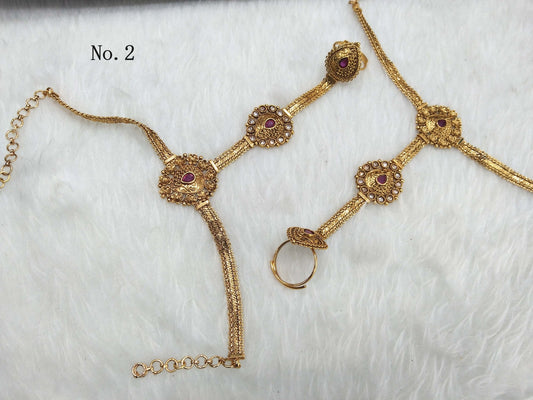 Indian Hand Bracelets   Jewellery/Gold Bridal Bracelet pair Finger ring Panja Bollywood Jewellery