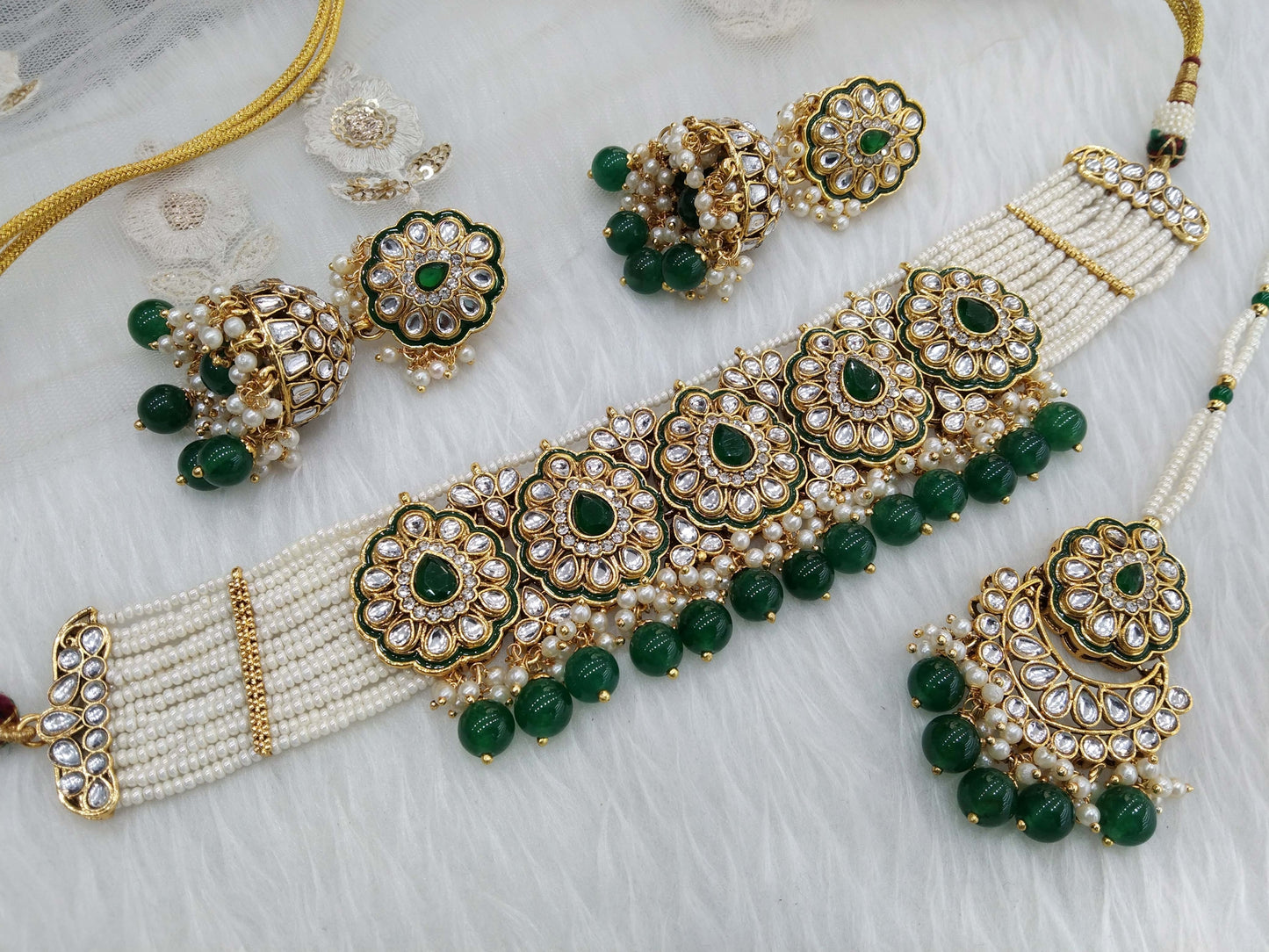 Green Kundan Choker Indian Jewellery Set/ Bridal Wedding Necklace Set