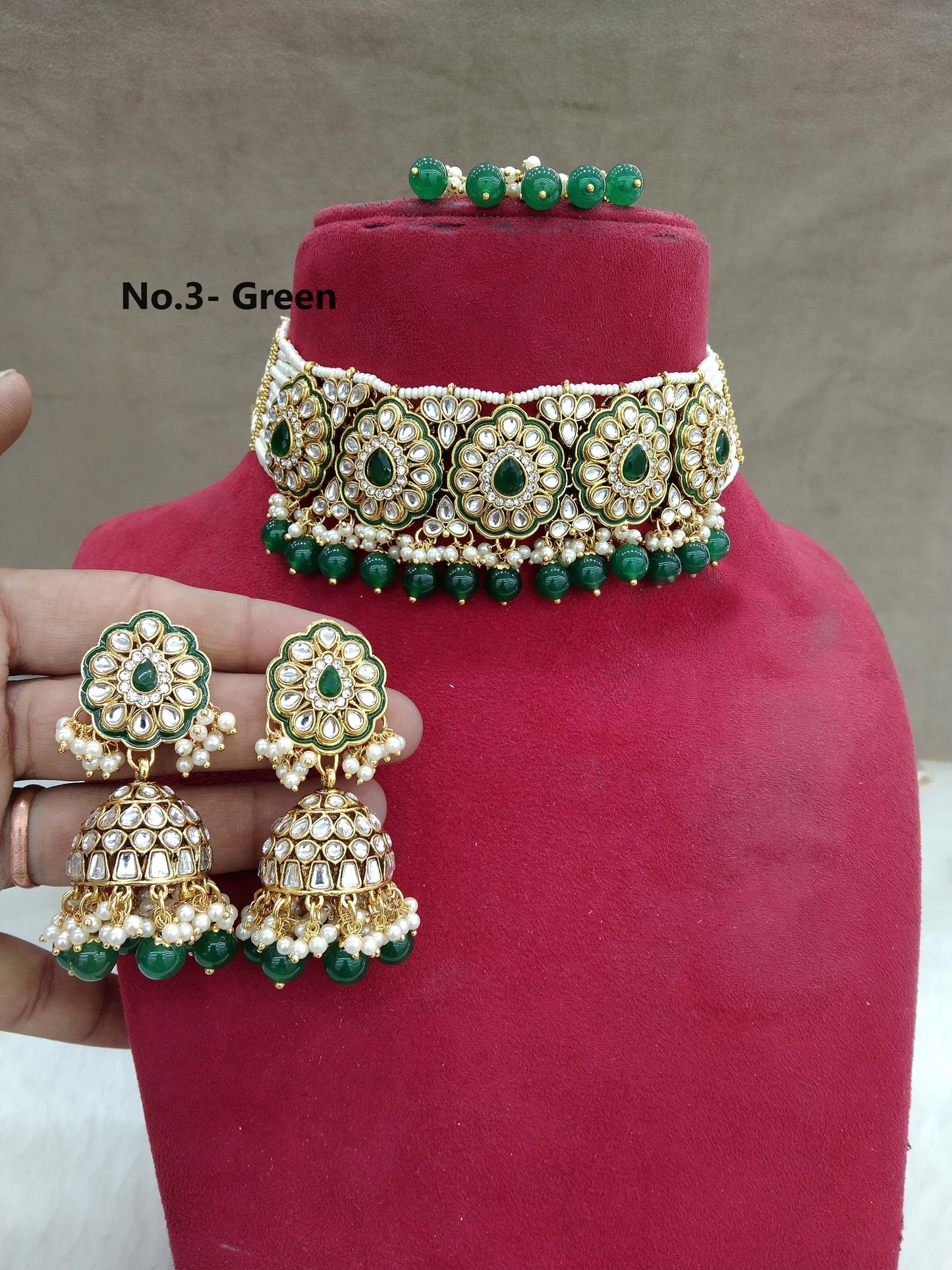 Green Kundan Choker Indian Jewellery Set/ Bridal Wedding Necklace Set