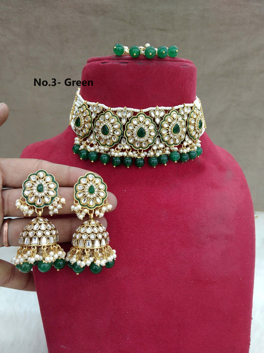 Green Kundan Choker Indian Jewellery Set/ Bridal Wedding Necklace Set