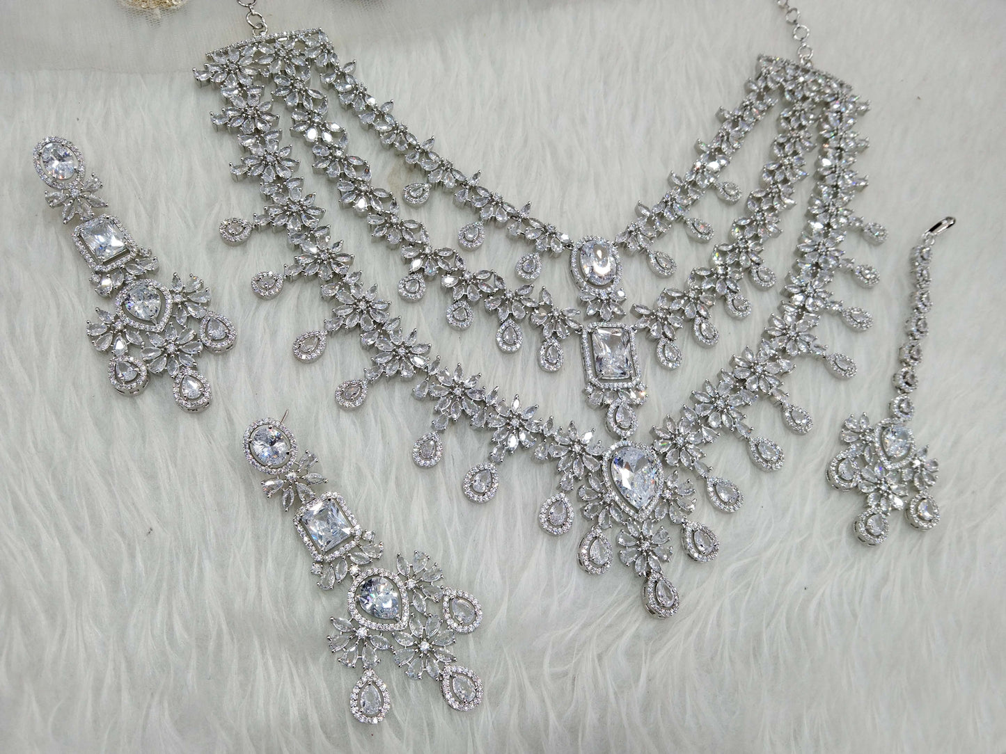 Cubic zirconia diamond necklace Jewellery set, Silver cz bridal necklace set