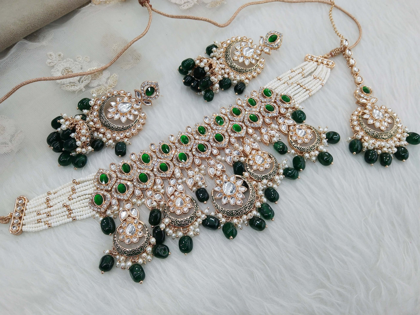 Rose gold kundan choker Set/ rose gold green Indian unifield choker Jewellry