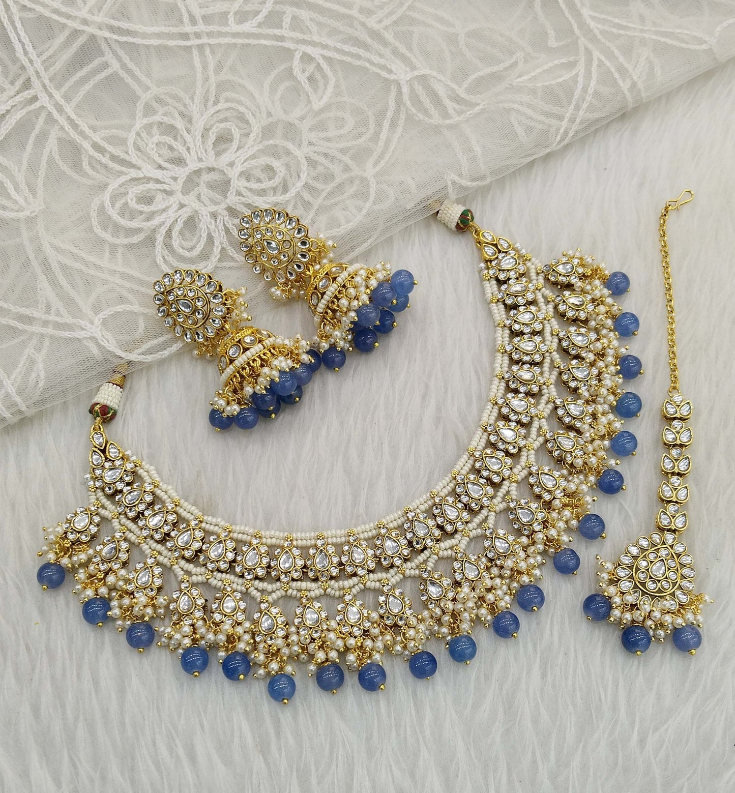 Kundan Necklace Jewellery Set/ Gold greyish blue kundan Indian jewellery kundan sika sets