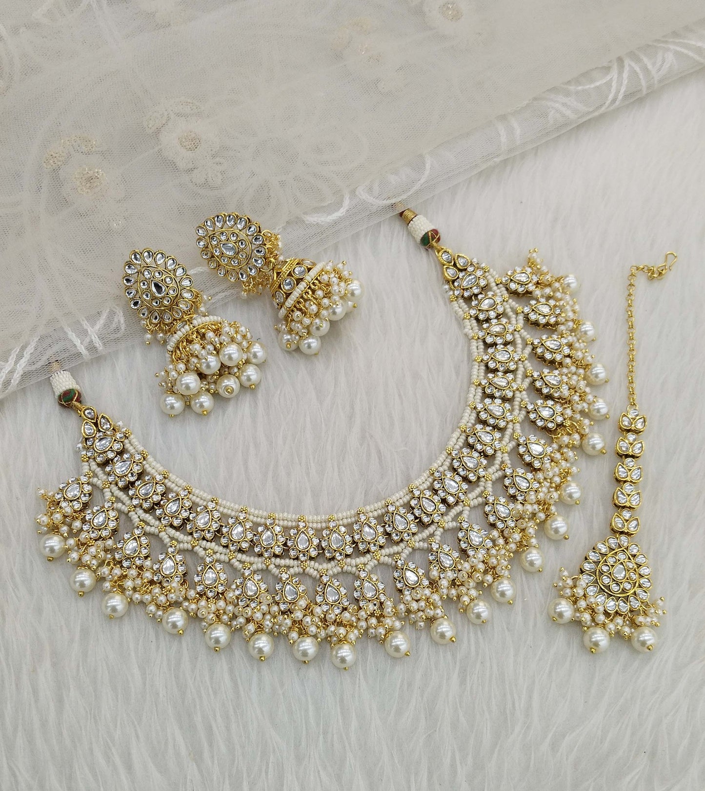 Gold Kundan necklace Set/ Gold white kundan Indian jewelry kundan sika sets