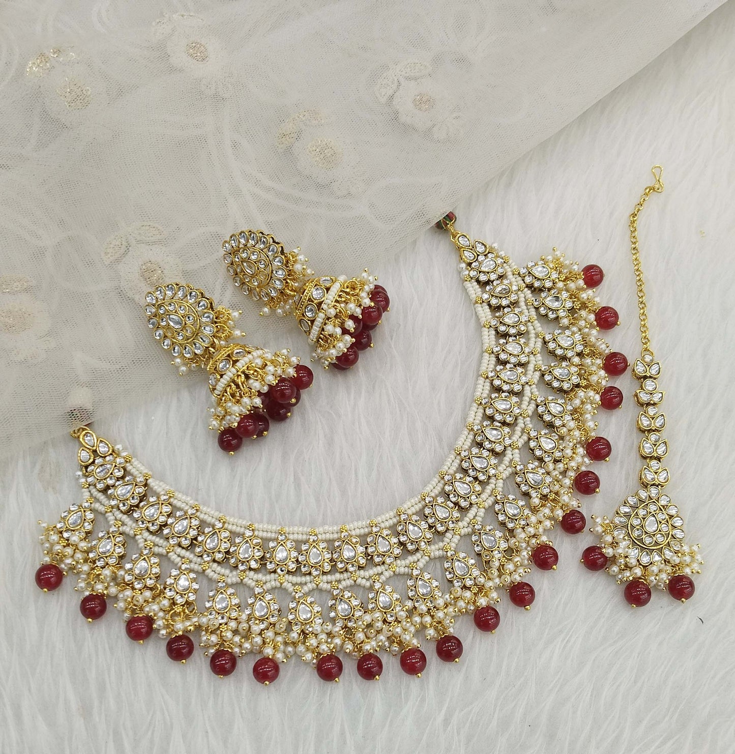 Kundan necklace Jewellery Set/ Gold maroon kundan Indian jewellery kundan sika sets