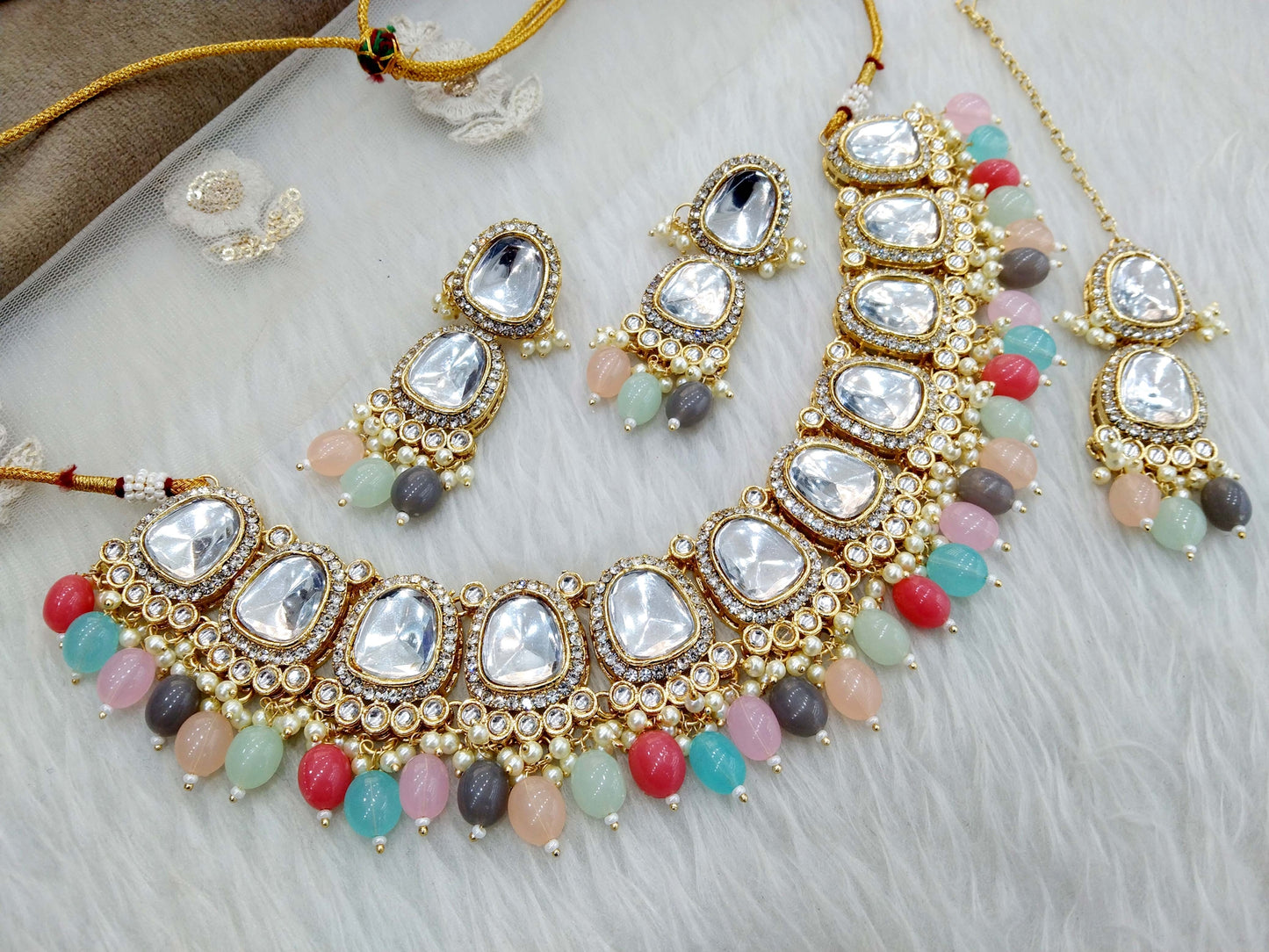 Kundan Necklace Jewellery Set/ Gold Multicolor Kundan Indian jewellery kundan dova sets