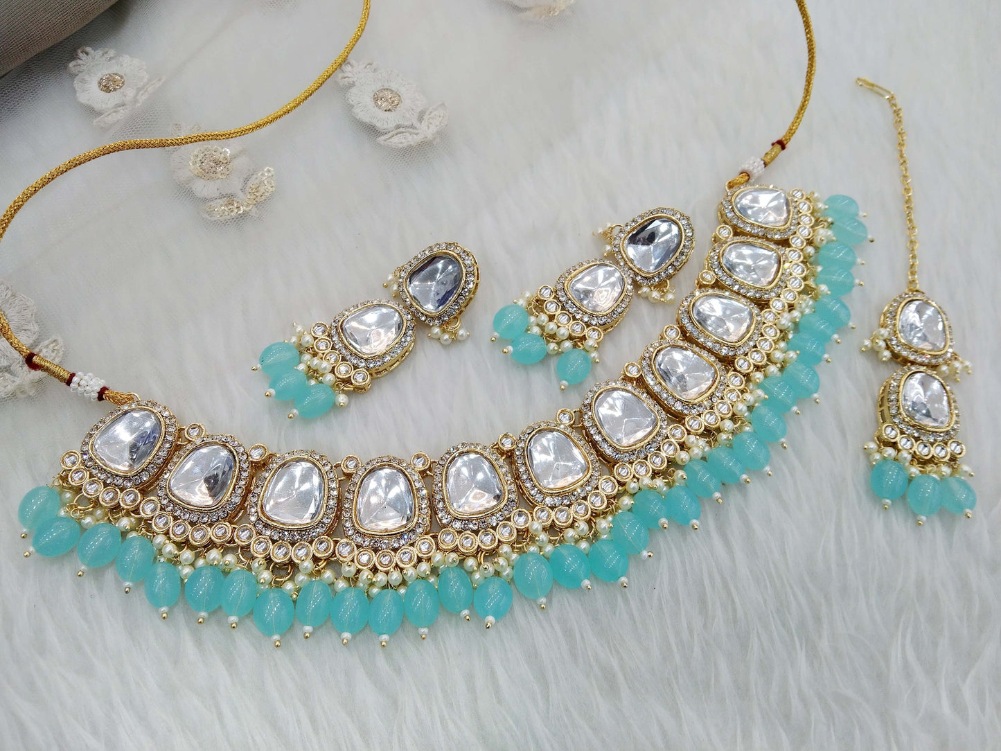 Kundan Necklace Jewellery Set/ Gold sea green kundan Indian jewellery kundan dova sets