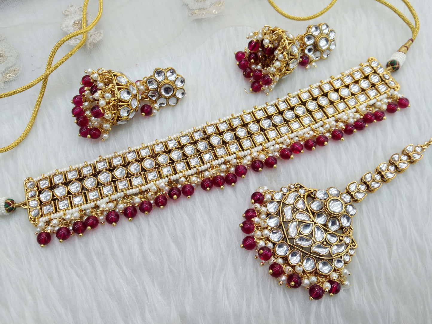 Kundan choker Jewellery Set/ Gold majenta kundan Indian jewelry choker diko sets