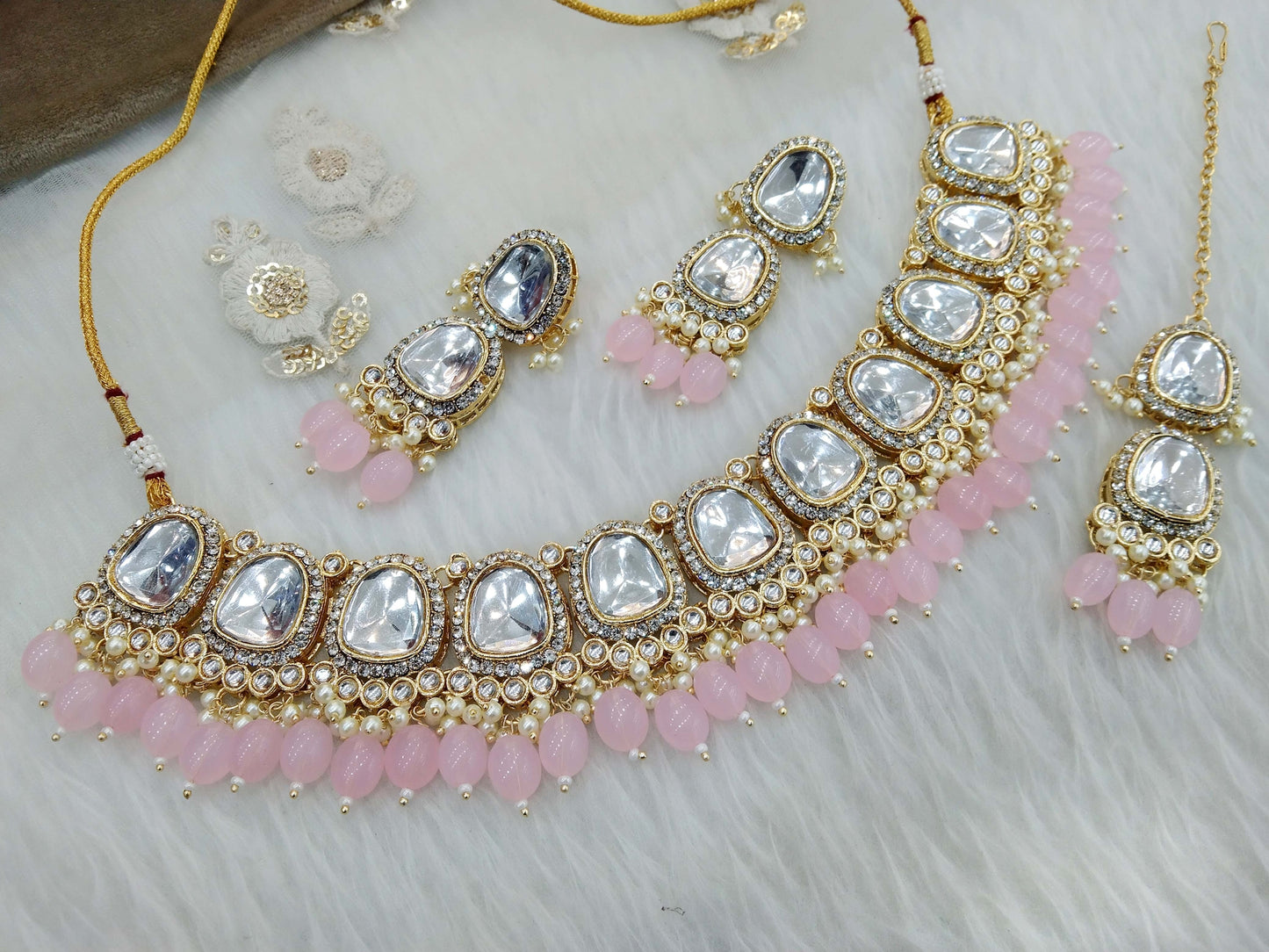 Kundan Necklace Jewellery Set/ Gold pink kundan Indian jewellery kundan dova sets
